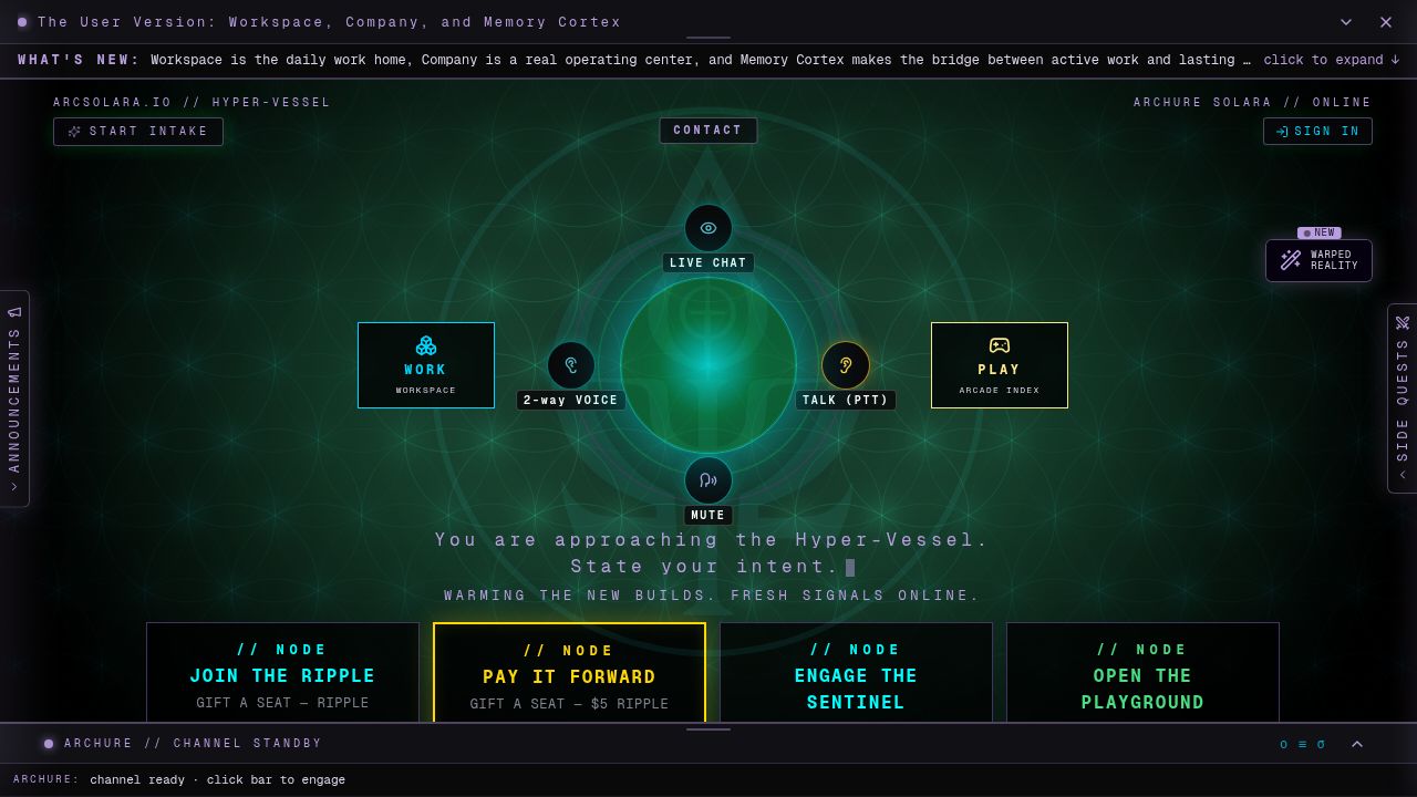 Actual arcSolara homepage showing the central voice interface and Work and Play entry points